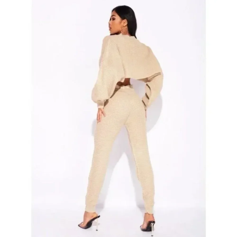 Beige Knitted Long Sleeve Sweater Crop Top and High Waist Pants Two Piece Set - Picture 15 of 17